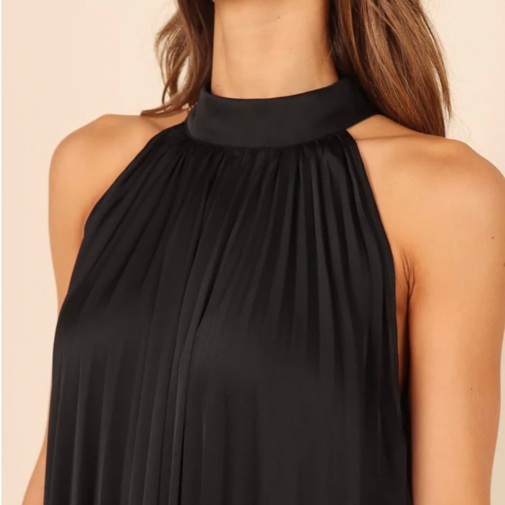 Black Halter Accordion Neck tie sleeveless top Small lined mesh top blouse